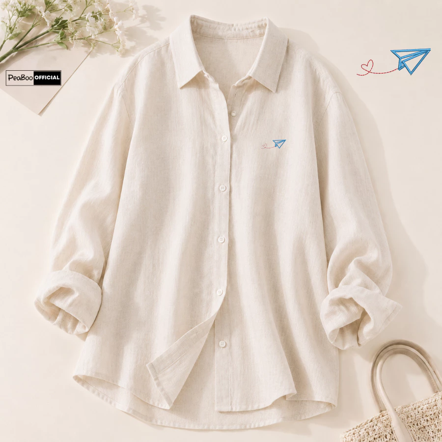 Áo Sơ Mi Nữ, Sơ Mi Nam Nữ Dài Tay Unisex By PEABOO Mã BST11 Theu Chất Đũi Xước Form Rộng Dễ Phối Đồ