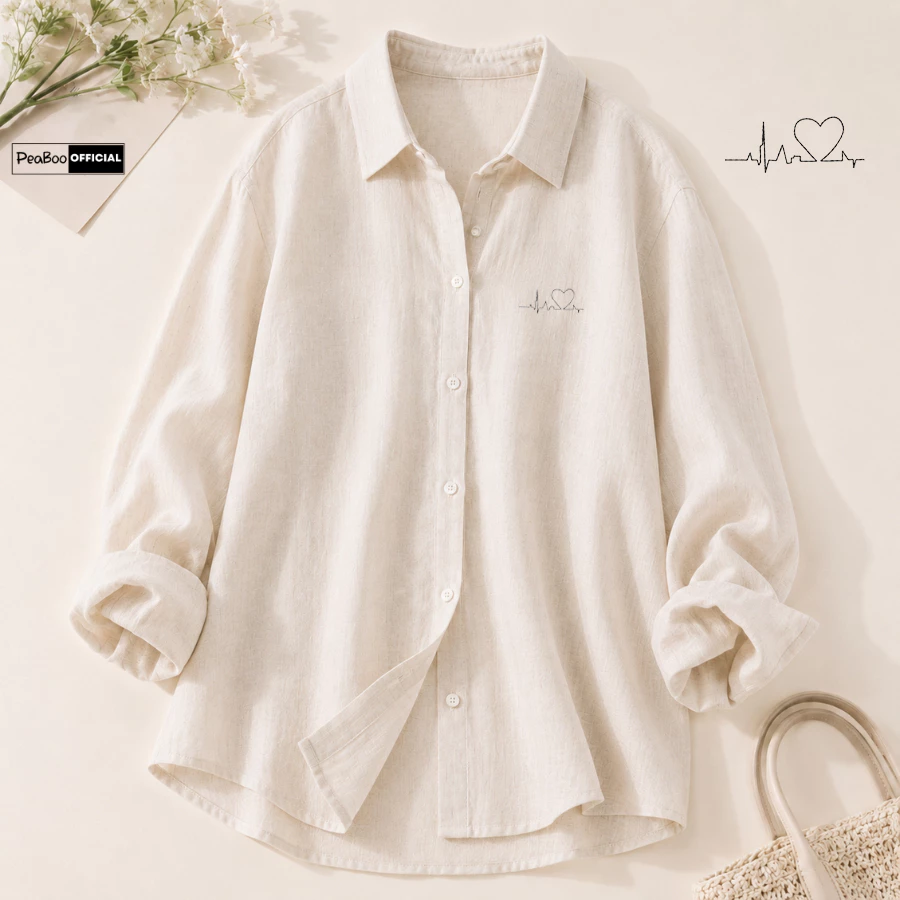 Áo Sơ Mi Nữ, Sơ Mi Nam Nữ Dài Tay Unisex By PEABOO Mã BST06 Theu Chất Đũi Xước Form Rộng Dễ Phối Đồ