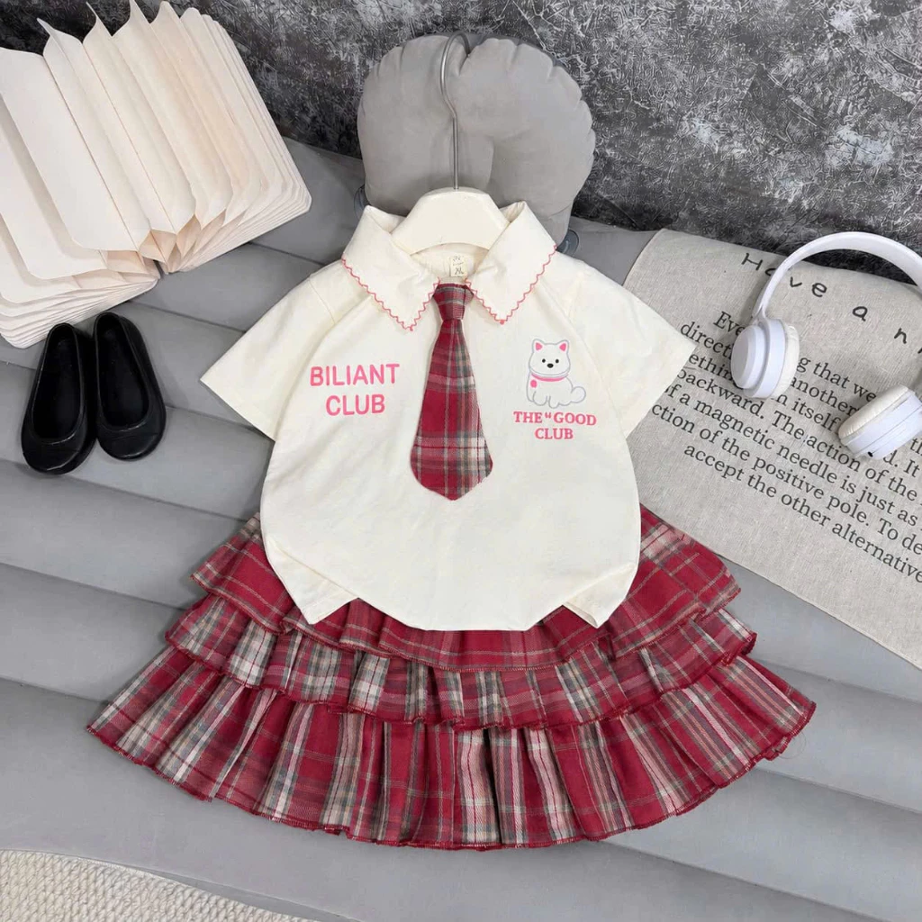 (MỞ BÁN-XưởngMayHK) Set áo thun kèm chân váy cà vạt xinh xắn cho bé gái mặc đi học đi chơi , set đồ học sinh đáng yêu