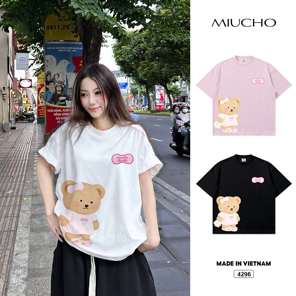 Áo thun nữ  form boxy teddy bear Hàn Quốc tay ngắn cổ tròn Miucho 4296