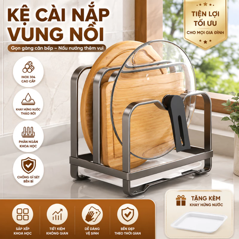 Giá Để Nắp Vung Nồi Thép Carbon Chống Gỉ, Kệ Để Thớt Đa Năng Kèm Khay Thoát Nước Gọn Gàng VN-9920