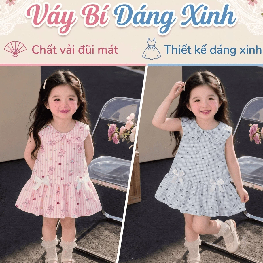 (XẢ KHO-XƯỞNG MAY HK) Váy Bí cổ sen Đũi Bé Gái- Đầm Đũi Tơ Họa Tiết Thỏ Hồng Cổ Sen Điệu Đà Cho Bé Từ 10 - 25kg