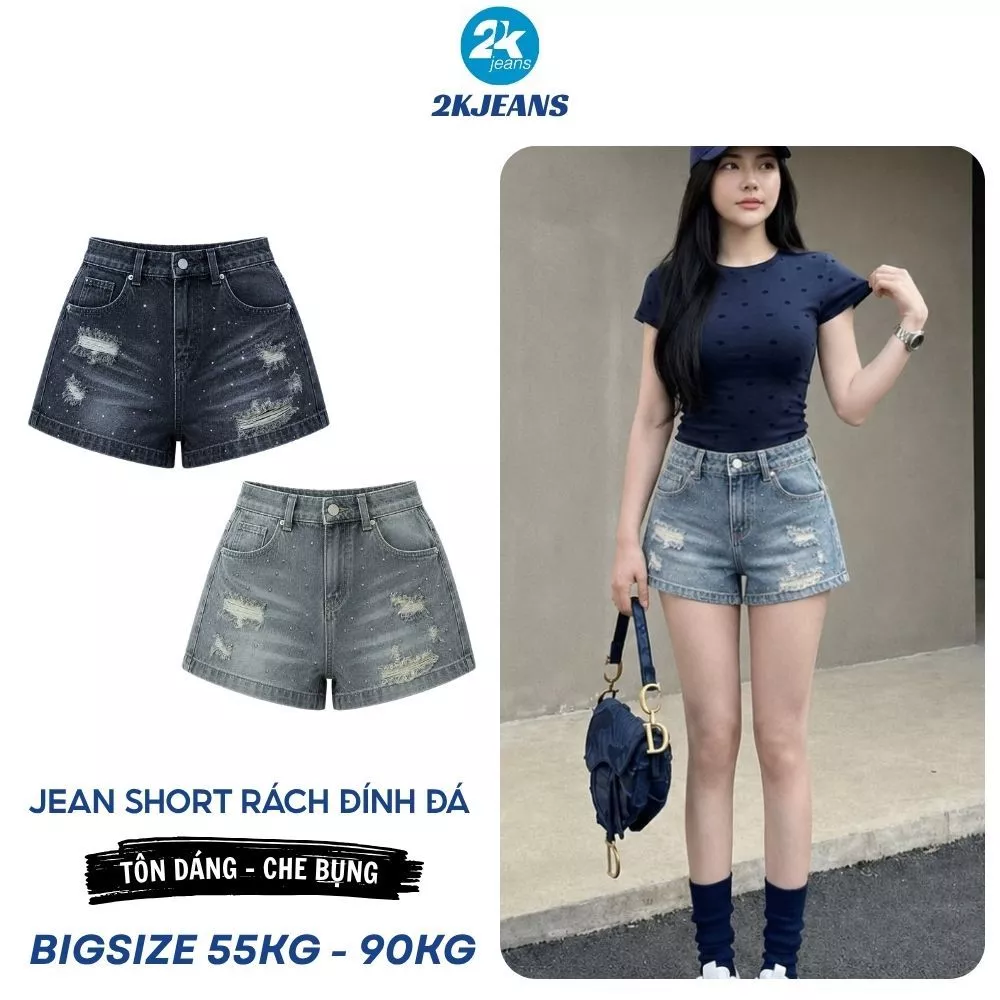 [DEAL SỐC] Quần Short Jean Nữ Bigsize QC1334 Form Chữ A Rách Đính Đá Lưng Thun Ép 2 Màu 55-85kg 2KJEANS