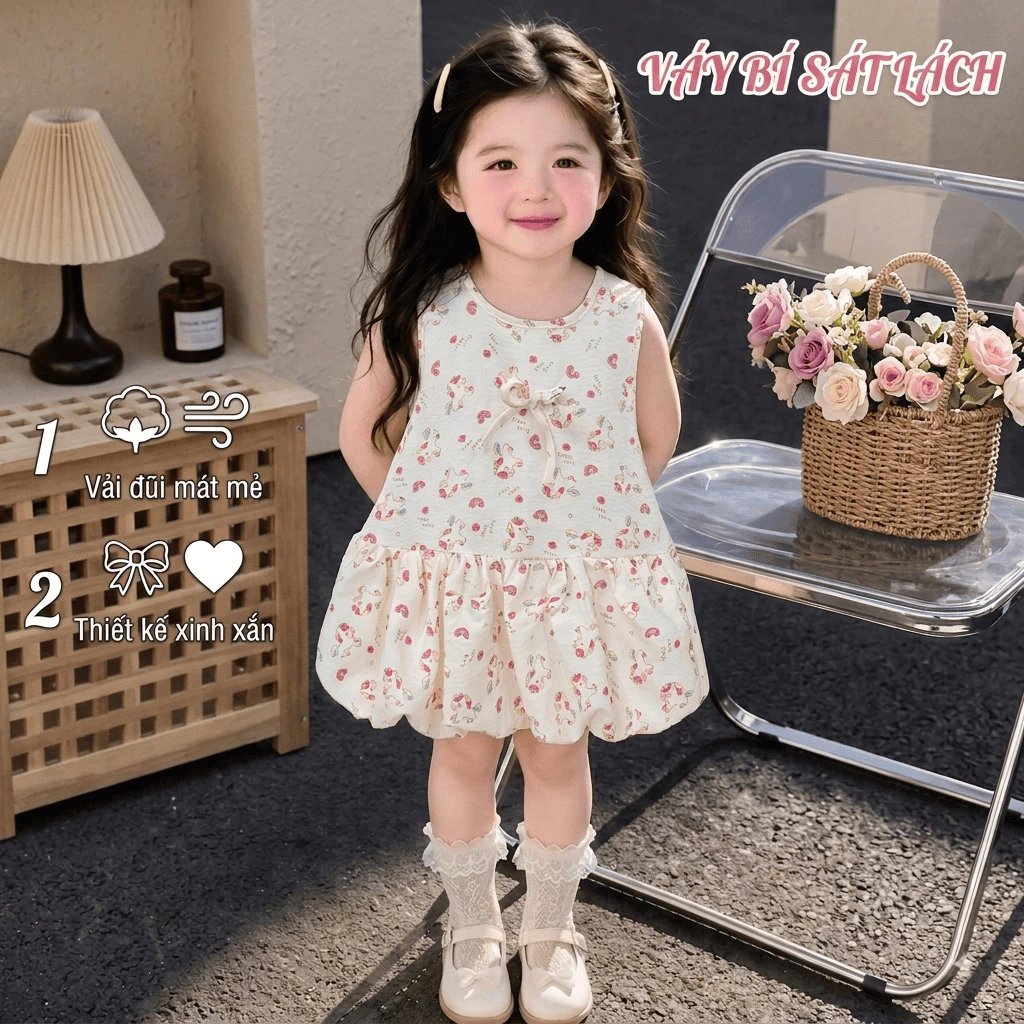 (XẢ KHO) Đầm Váy Bí Cổ tròn Dáng Bí Họa Tiết Cún Nhí - Váy Sát Nách Cho Bé Gái Vải Đũi Mềm Mịn Mát 10-25kg