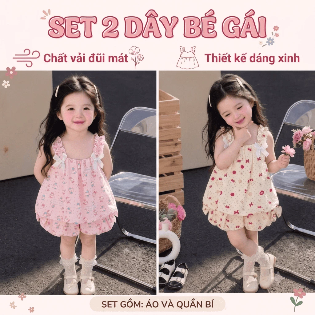 (XƯỞNG MAY HK) Set Áo Hai Dây nơ sườn Dáng Bồng Họa Tiết Hoạt Hình Đáng Yêu (10-23kg) Bộ Đồ Đũi Mềm Bé Gái