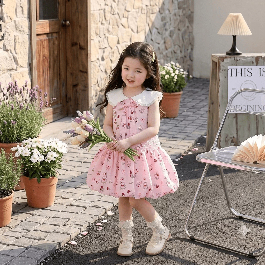 (XẢ KHO-XƯỞNG MAY HK) Váy Đũi Bí Nơ cổ đũi Bé Gái - Đầm Đũi Tơ Họa Tiết Thỏ Hồng Cổ Sen Điệu Đà Cho Bé 10-25kg