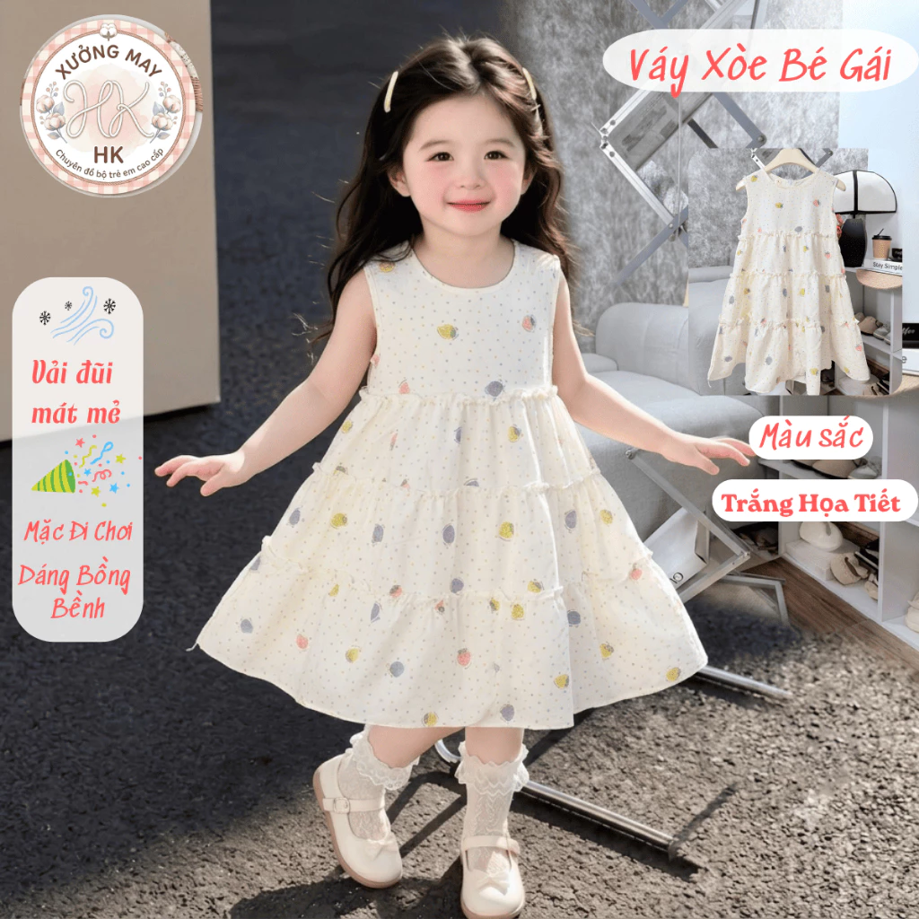 Váy Đũi Bé Gái Sát Nách Dáng Xòe 3 Tầng Xưởng May HK - Đầm Đi Biển Cho Bé Gái 10-25kg Vải Đũi Mát Mịn Đi Chơi Siêu Xinh