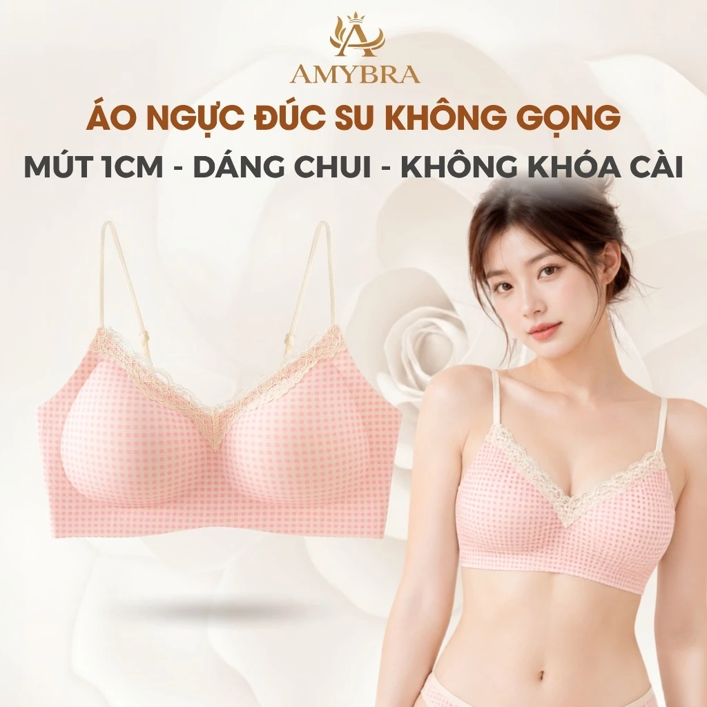 Áo Ngực Su Không Gọng Họa Tiết Ngọt Ngào Phối Ren, Áo Lót Nữ Không Khóa Cài Mặc Êm Ái AMYBRA A1233