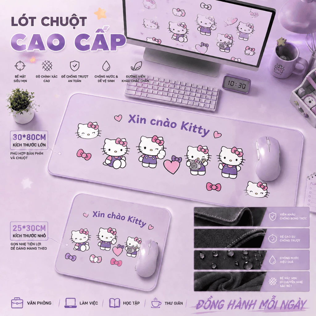 Lót chuột Hello Kitty màu hồng tím, họa tiết đơn giản, chống trơn, quà tặng cho nữ, size 80*30 & 25*30.
