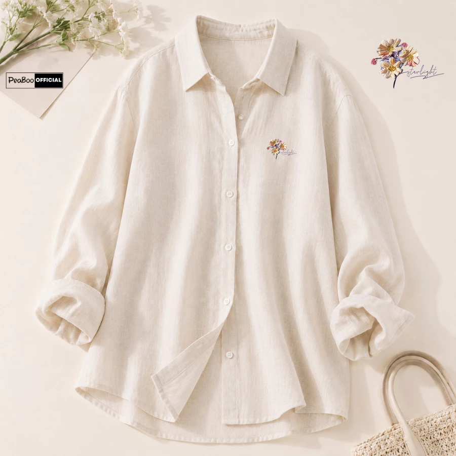Áo Sơ Mi Nữ, Sơ Mi Nam Nữ Dài Tay Unisex By PEABOO Mã SM In hình Hoa Cúc Mini Chất Đũi Xước Có Túi Ngực Form Rộng