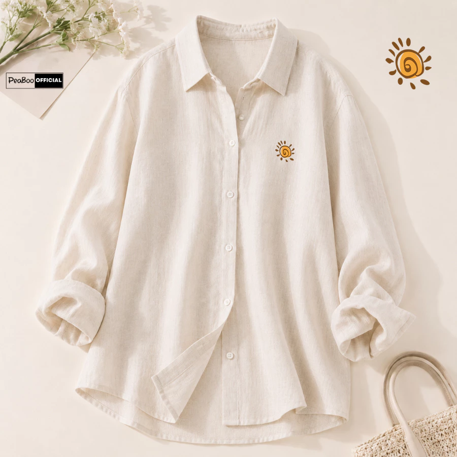 Áo Sơ Mi Nữ, Sơ Mi Nam Nữ Dài Tay Unisex By PEABOO Mã SM In hình Mặt Trời Chất Đũi Xước Có Túi Ngực Form Rộng