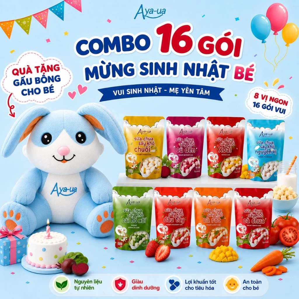 COMBO LIÊN HOAN SINH NHẬT CHO BÉ - COMBO 16 gói Sữa Chua Sấy Khô Aya-ua Không Chất Bảo Quản Thơm Ngon Tự Nhiên