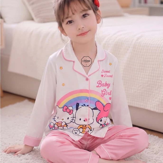 Bộ đồ ngủ bé gái vải Latin tay dài quần dài hình cún kitty – pijama mùa hè mát lạnh cho bé từ 10–65kg
