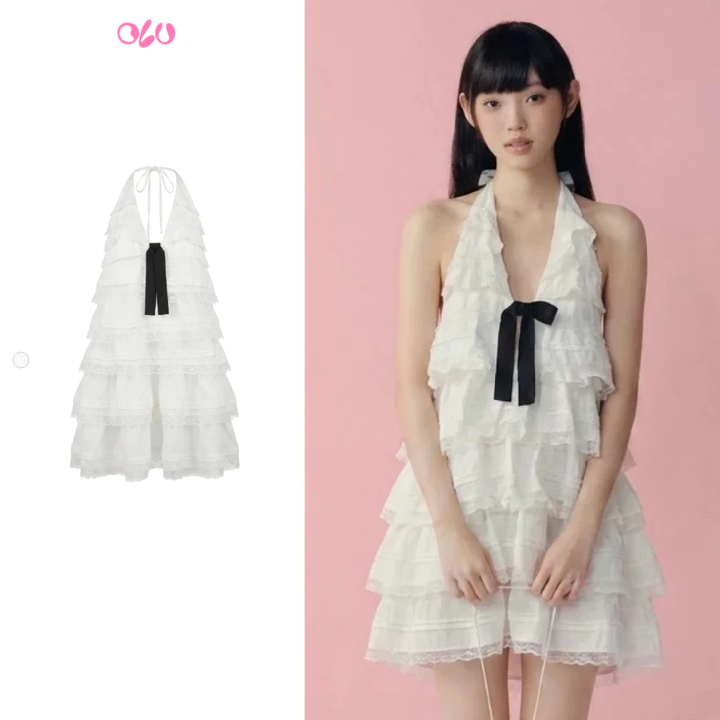 Đầm yếm OLV suông cổ V xếp tầng bèo White Cotton Halter Tiered Mini Dress thanh lịch phù hợp đi tiệc