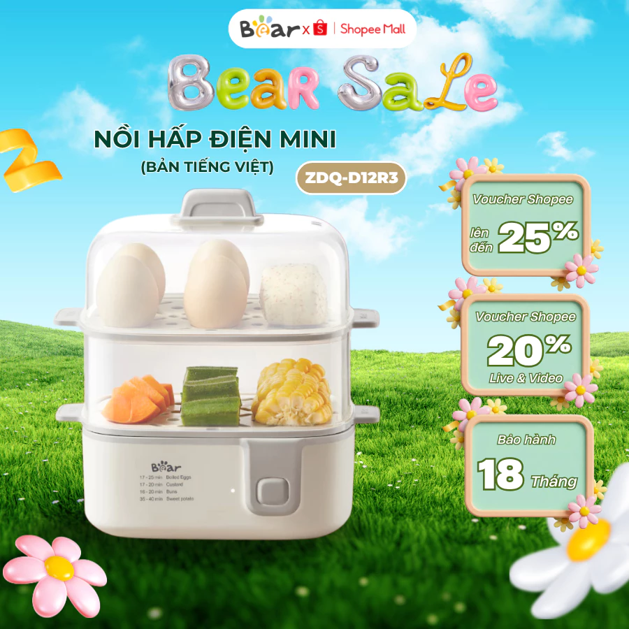 Nồi Hấp Điện Mini 2 Tầng Bear ZDQ-D12R3, Công suất 270W, Hấp Cách Thủy, Bảo Hành 18 Tháng