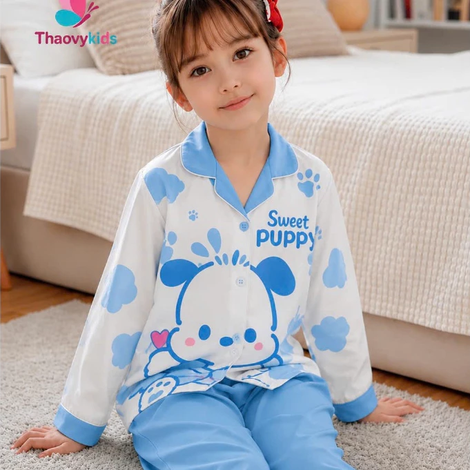 Bộ đồ ngủ bé gái vải Latin tay dài quần dài hình cún – pijama mùa hè mát lạnh cho bé từ 10–65kg