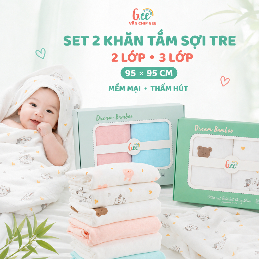 Set 2 Khăn tắm sợi tre Gee 2 lớp, 3 lớp chất liệu mềm mướt, không bụi vải kích…