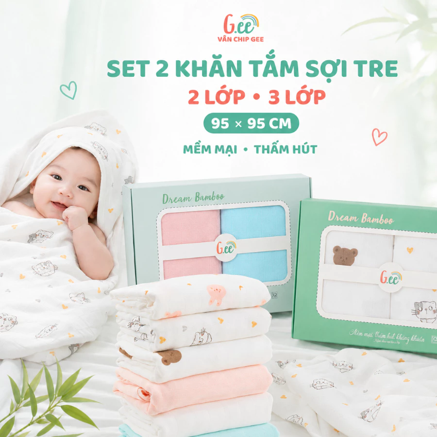 Set 2 Khăn tắm sợi tre Gee 2 lớp, 3 lớp chất liệu mềm mướt, không bụi vải kích thước 95*95cm