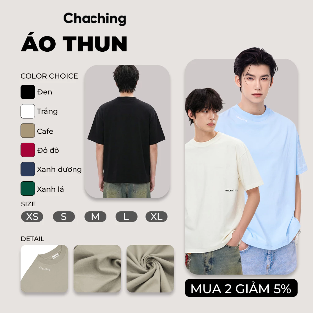 Áo Thun Unisex ChaChing, Áo Phông Nam Nữ Chất Cotton Có Thêu Logo, Áo Thun Trơn Basic