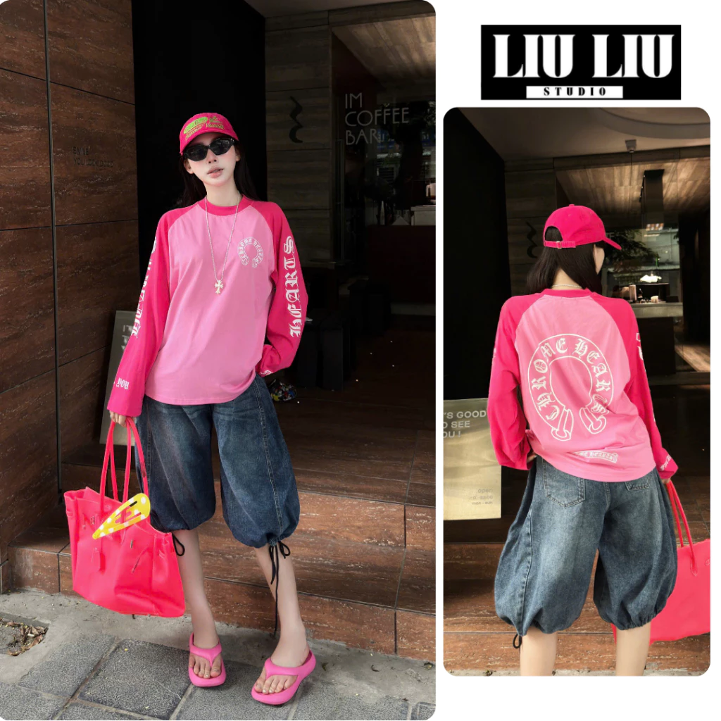 Áo thun nữ LIULIU STUDIO L63 tay dài phối màu hồng đỏ form rộng in chữ cá tính phong cách streetwear y2k