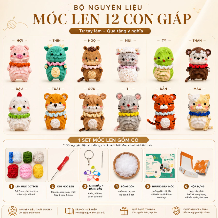 Bộ Móc Len 12 Con Giáp LylyCraft Bao Gồm Dụng Cụ Móc Len Và Video Hướng Dẫn Chi Tiết Cho Người Mới