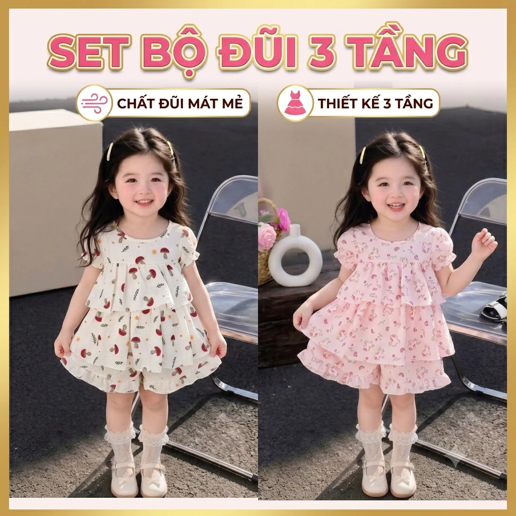 (Deal Mở Bán-XưởngMayHK) Bộ đũi bèo nhúm 3 tầng xinh xắn cho bé gái mặc ở nhà đi chơi thoải mái đáng yêu