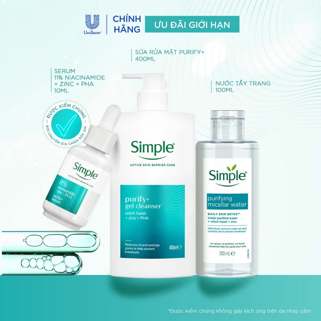 Bộ 3 Simple Tẩy Trang 100ml, Sữa Rửa Mặt 400ml & Serum 10ml Purify+ Giảm Mụn, Repair+ Phục Hồi, Hydrate+ Căng Mướt Da