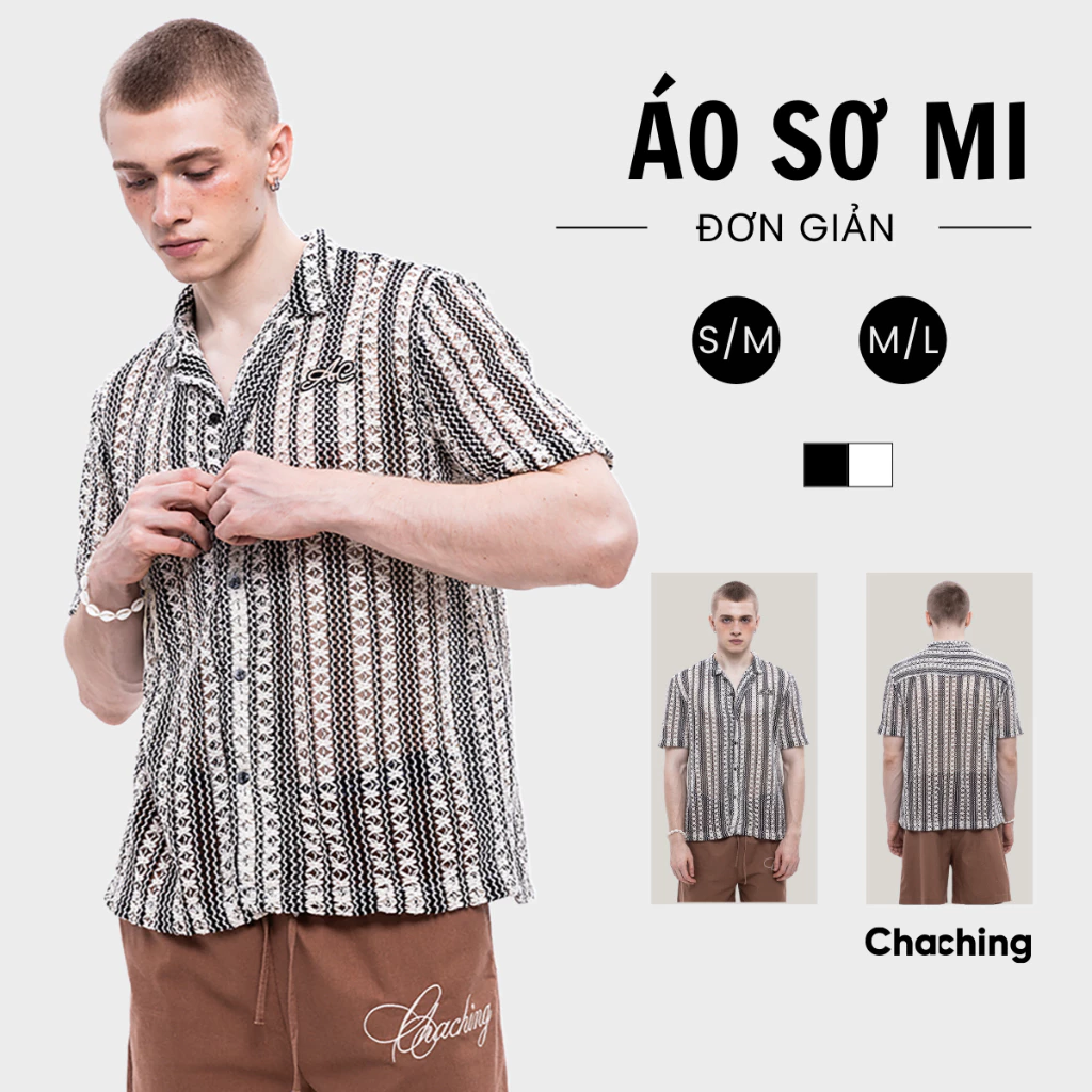 Áo Sơ Mi Cuban Unisex ChaChing Tay Ngắn Họa Tiết Sọc, Chất Lưới Thoáng Mát
