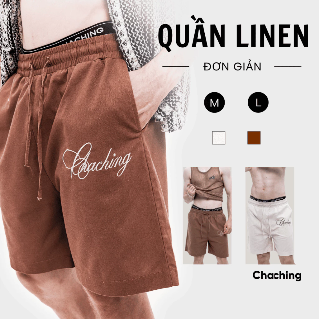 Quần Short Unisex ChaChing Thêu Logo, Form Rộng, Chất Vải Linen Cao Cấp