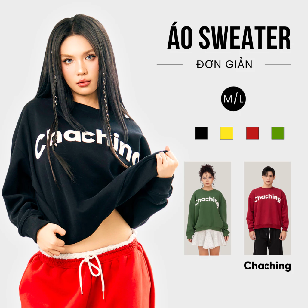 Áo Sweater Unisex ChaChing, Áo Sweater Nam Nữ Form Oversize Chất Vải Nỉ Cao Cấp In Logo Nổi