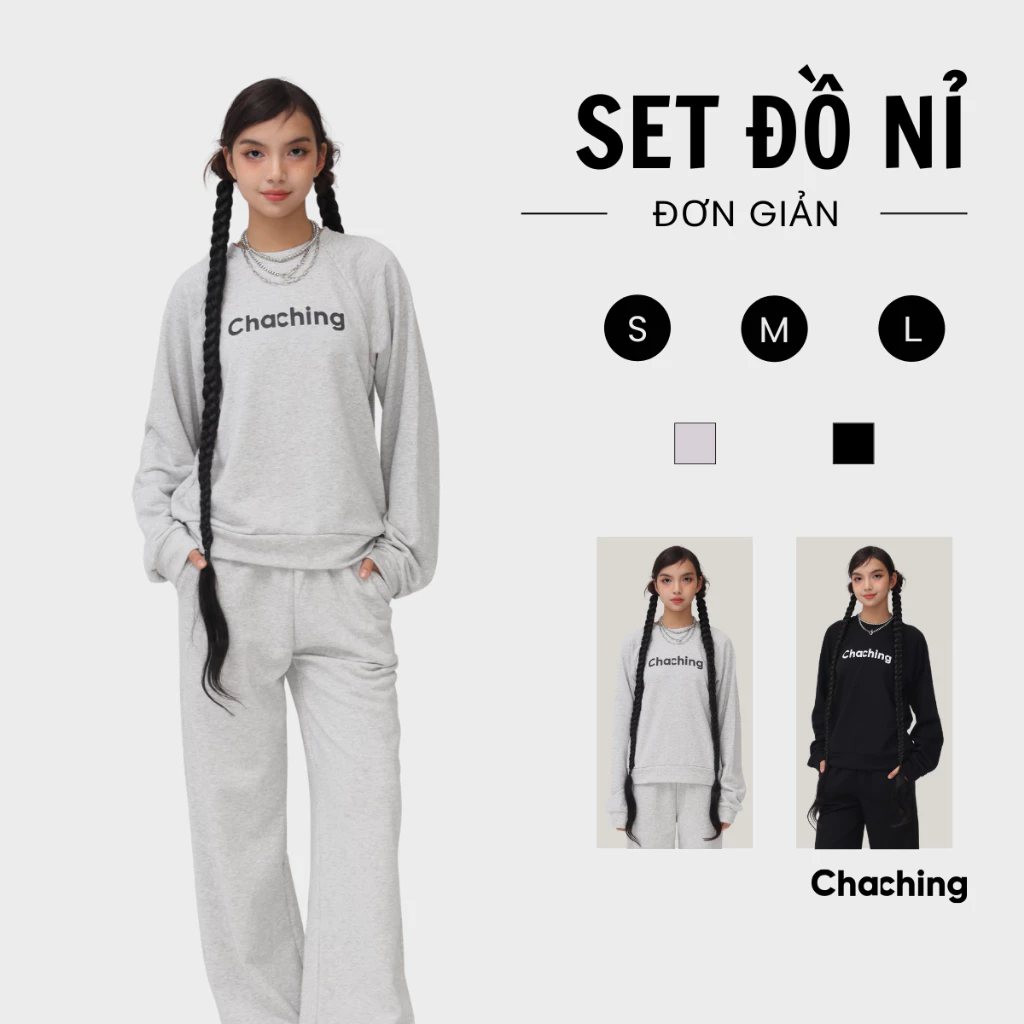 Set Đồ Nỉ Unisex Áo Sweater Cổ Tròn Và Quần Dài Lưng Thun ChaChing, Bộ Quần Áo Nỉ Và Quần Dài Vải Nỉ Thun Cua Tici