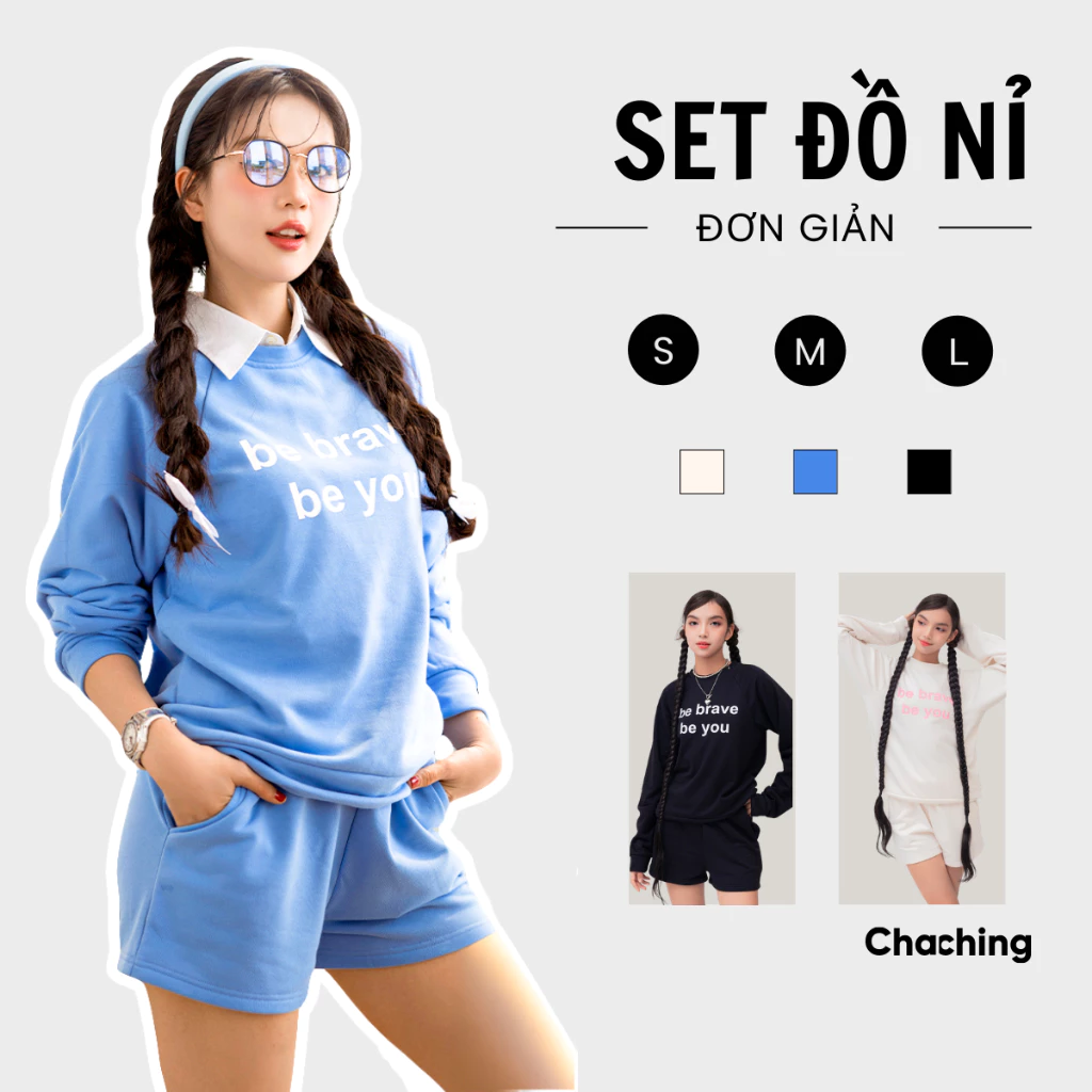 Set Đồ Nỉ Unisex Áo Sweater Cổ Tròn Và Quần Short Lưng Thun ChaChing,Bộ Quần Áo Nỉ Và Quần Ngắn Vải Nỉ Thun Cua Tici