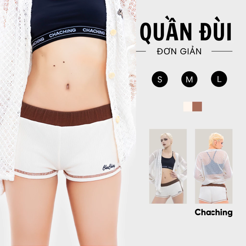 Quần Short Nữ Vải Thun Gân Thêu Logo ChaChing, Quần Đùi Thun Gân Nữ Form Ngắn Ôm Sát Vòng 3 Chất Liệu Vải Thun Gân