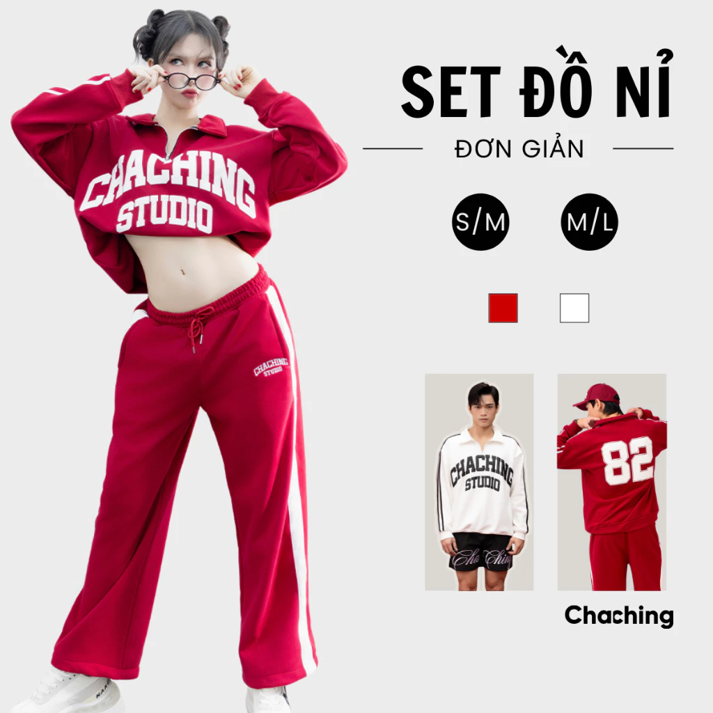 Áo Tay Dài Nỉ Polo Và Quần Dài Nỉ Form Suông Unisex ChaChing, Áo Quần Dài In Logo 82 Vải Nỉ Cao Cấp