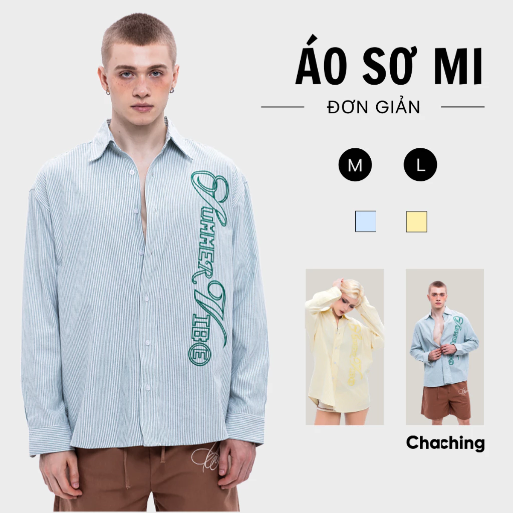 Áo Sơ Mi Unisex ChaChing Kẻ Sọc Tay Dài, Có Thêu Logo, Chất Vải Oxford Mềm Mịn