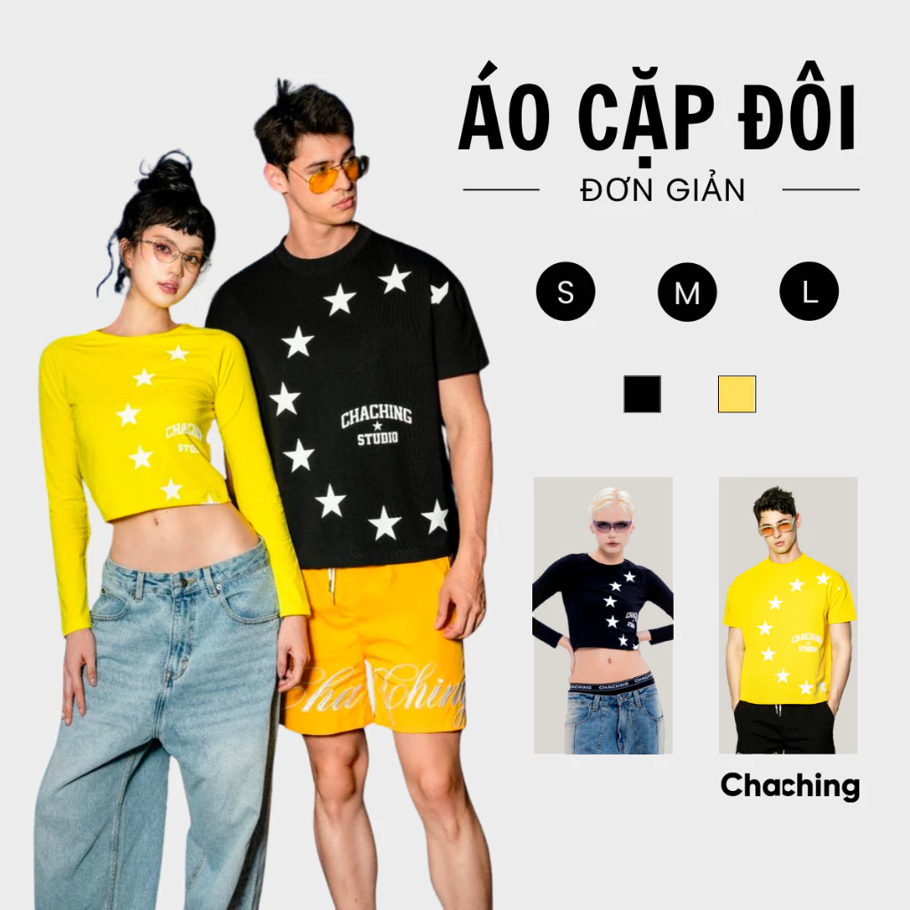 Áo Thun Cặp Đôi ChaChing Họa Tiết Ngôi Sao, Áo Thun Unisex Nam Form Boxy & Áo Thun Nữ Tay Dài Ôm Body Thun Cotton