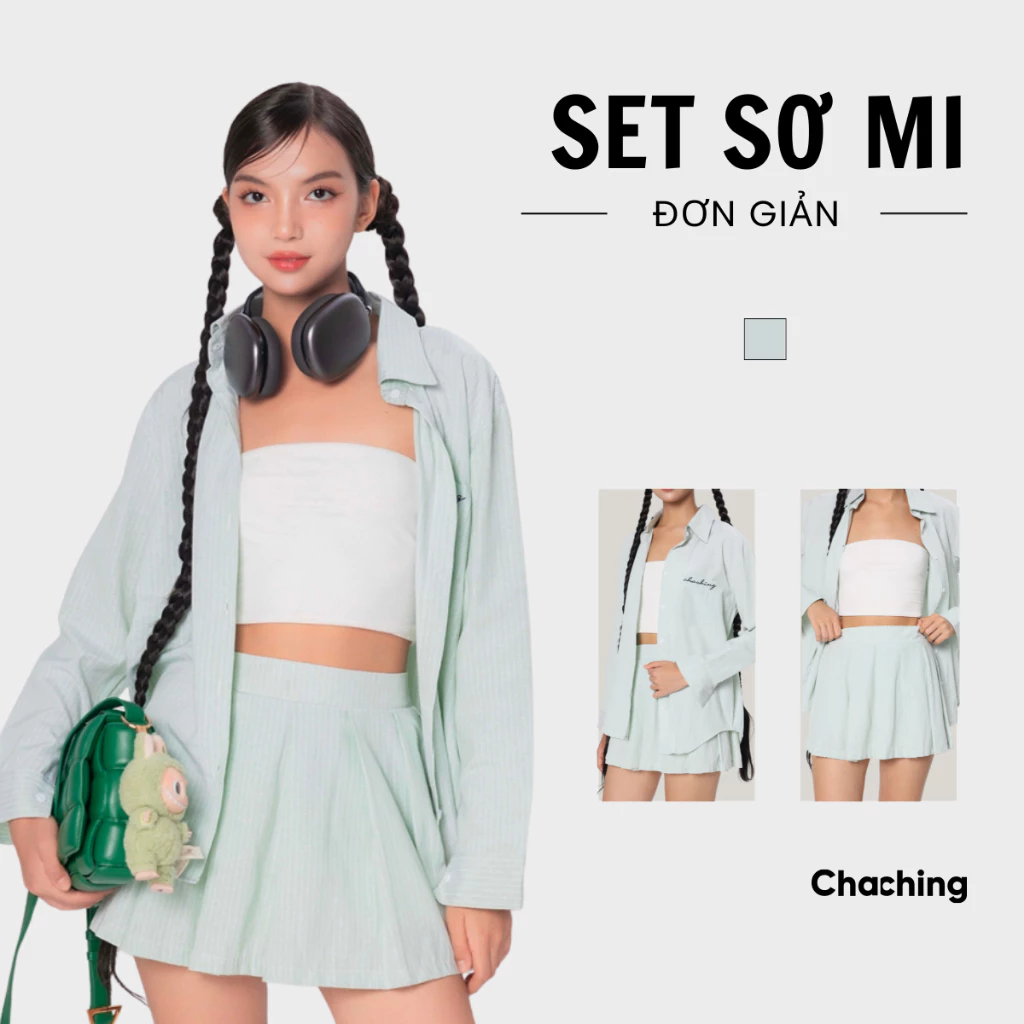 Set Áo Sơ Mi Và Chân Váy Xếp Ly Kẻ Sọc Hoạ Tiết ChaChing Được In Thêu 3D, Set Váy Áo Sơ Mi Chất Vải Oxford Mềm Mại