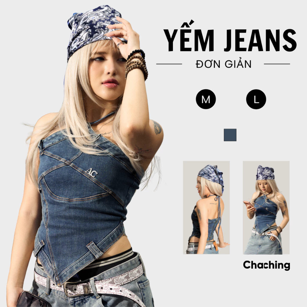 Áo Yếm Jeans Phối Dây ChaChing, Áo Yếm Nữ Chất Liệu Jeans Cao Cấp, Phong Cách Cá Tính, Thời Thượng