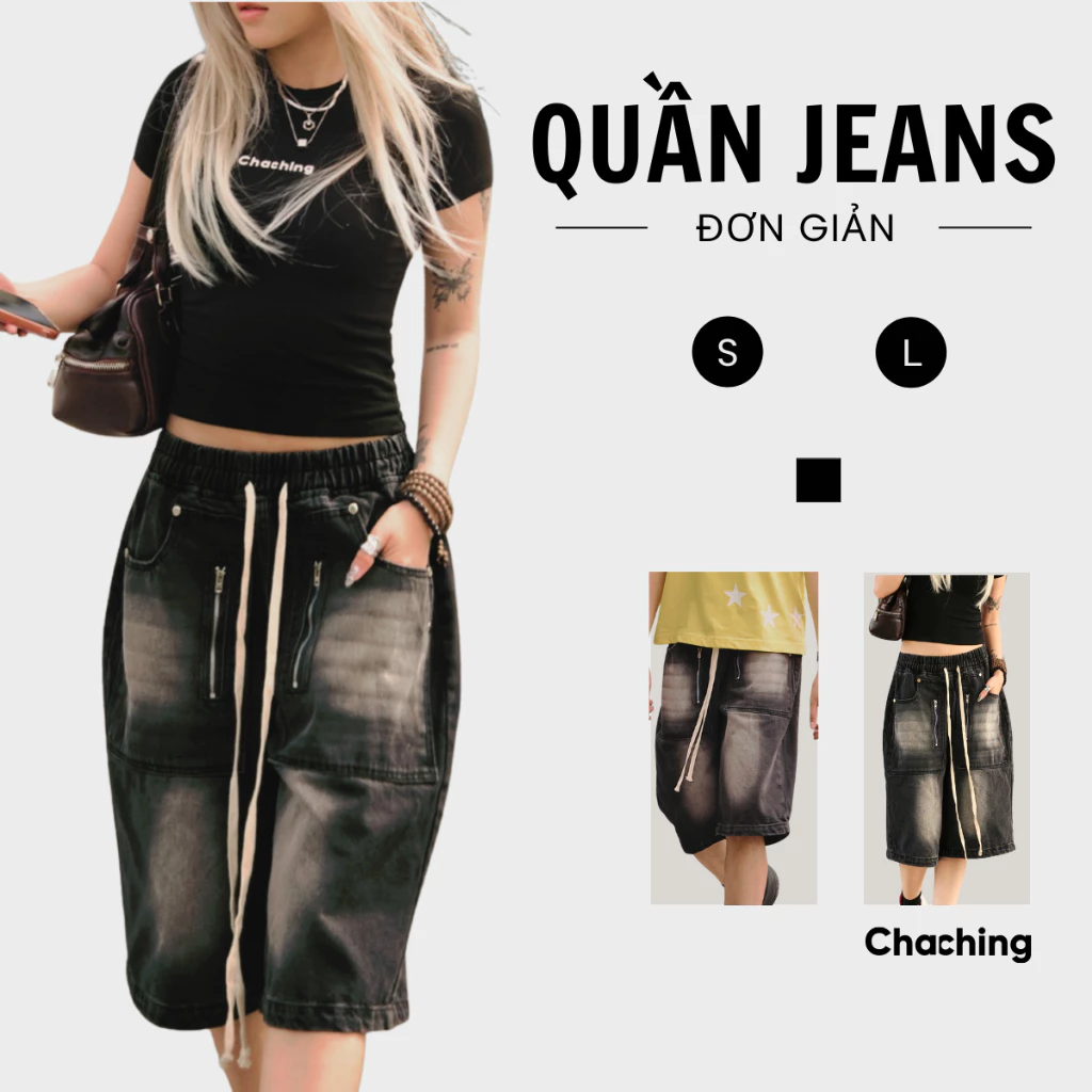 Quần Đùi Jeans ChaChing Unisex Phối Túi Thời Trang Đính Logo AC, Quần Đùi Nam Nữ Form Rộng Chất Liệu Jeans Cao Cấp Năng