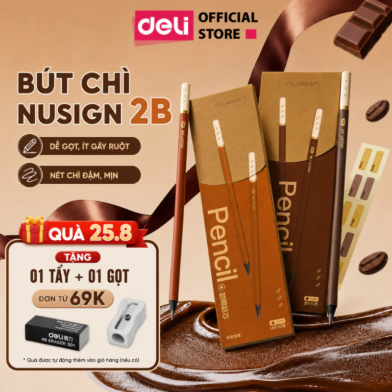 [MUA 3 GIẢM 30%] Hộp 10 Bút Chì Mocha Socola 2B HB Deli - Bút Chì Gỗ Thi Trắc Nghiệm Ruột Đậm Chất Lượng Cao