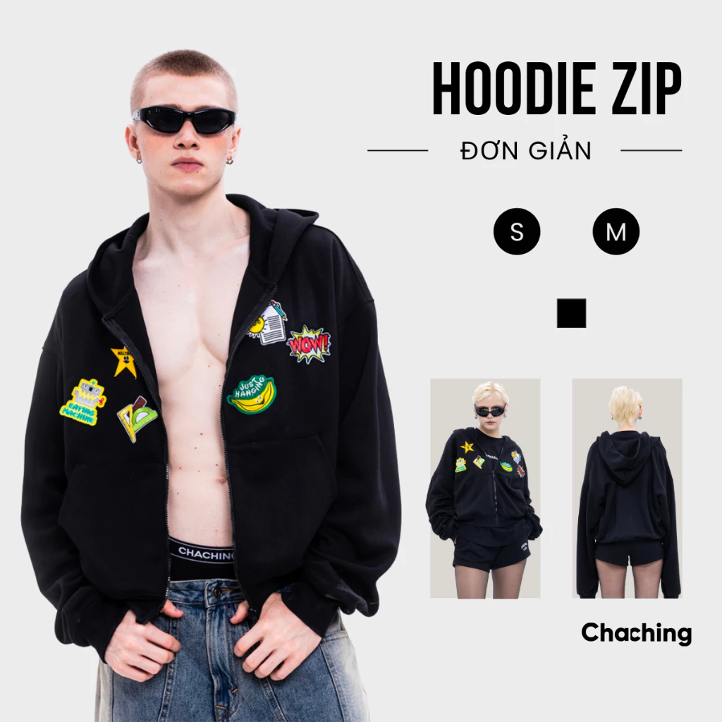 Áo Khoác Nỉ Unisex Hình Thêu Nổi Logo ChaChing, Áo Khoác Nỉ Nam Nữ Hoodie Zip Form Oversize Chất Liệu Nỉ 2 Da Dày Dặn