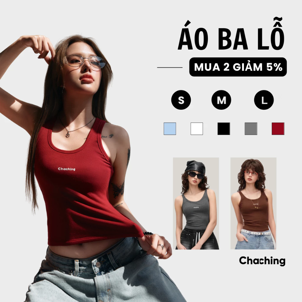 Áo Ba Lỗ Nữ Thun In Logo ChaChing, Áo Thun Sát Nách Nữ Dáng Ôm Vải Thun Borip Co Giãn