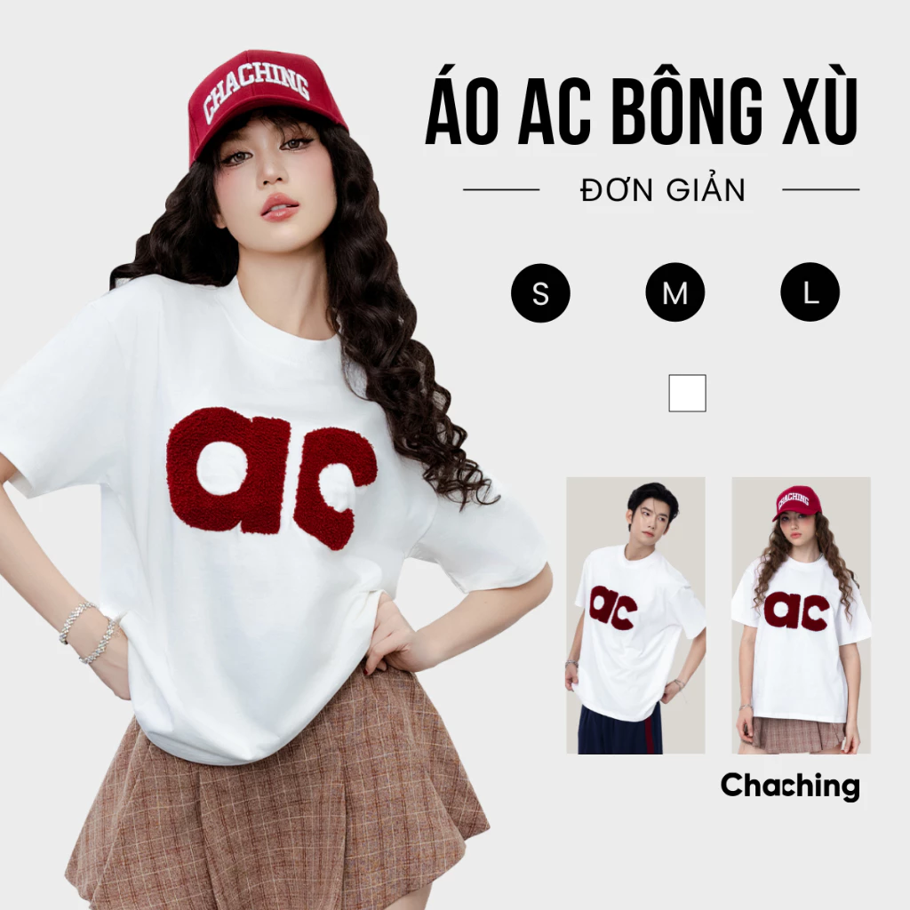 Áo Thun Unisex Thêu Hoạ Tiết Chữ AC Bông Xù ChaChing, Áo Phông Nam Nữ Form Oversize Vải Thun Cotton Co Giãn 2 Chiều