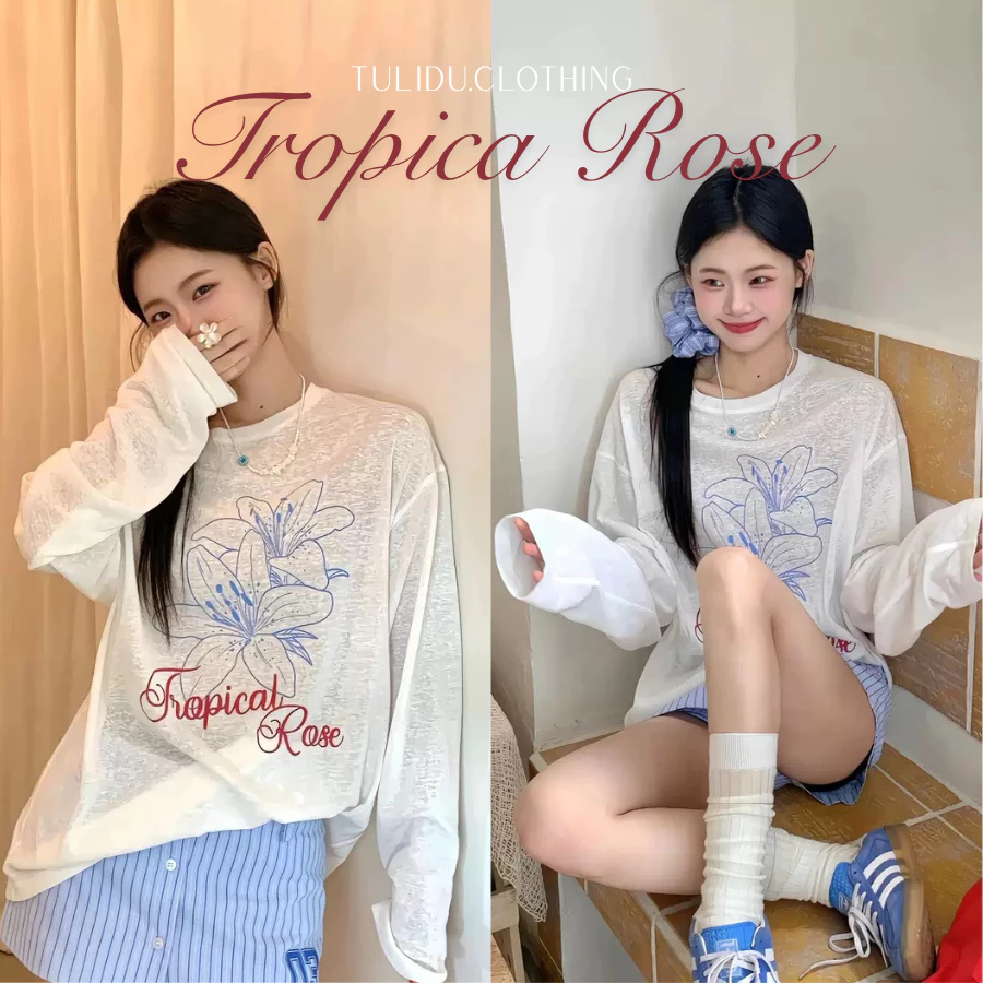 Tulidu - Tropical Rose | Áo Thun Giấy Dài Tay Nữ Form Rộng Hoạ Tiết In Sắc Nét