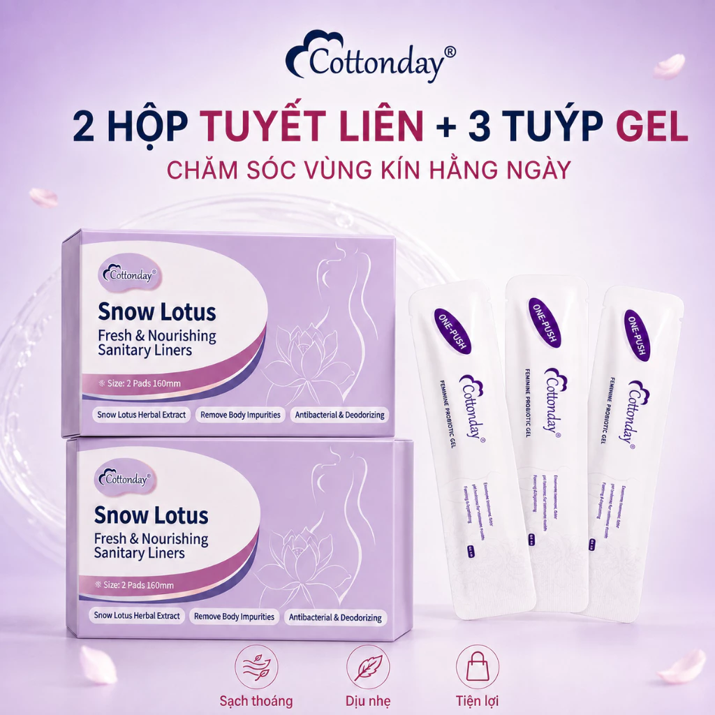 【Combo 2 Hộp + 3 Tuýp】Snow Lotus Cottonday BVS Thảo Dược 160mm/2miếng 14 Chiết Xuất + Gel Vệ Sinh 3ml