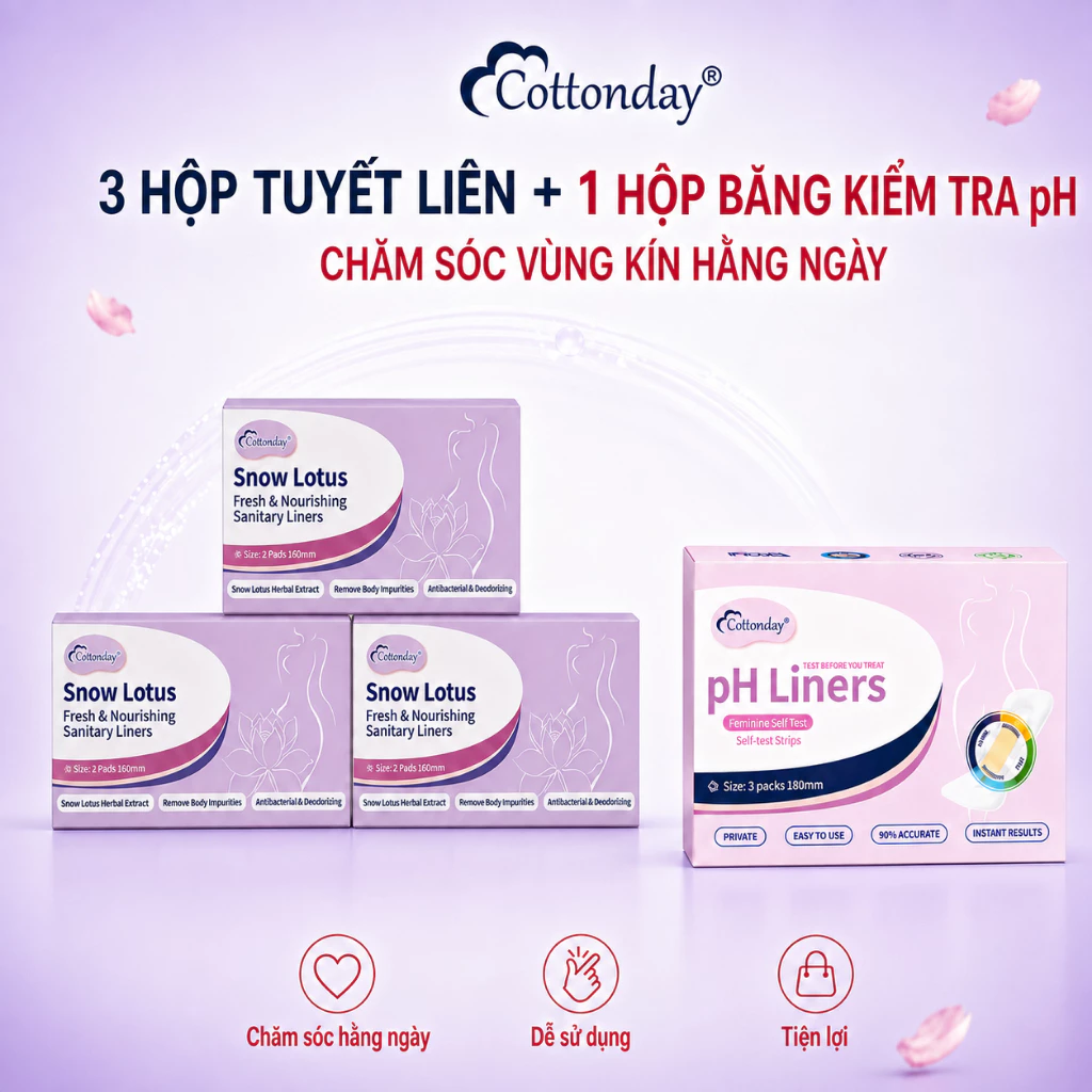 【Combo 3 Hộp + 1 Hộp】Snow Lotus Cottonday BVS 160mm/2miếng 14 Chiết Xuất + pH Liners 3 Miếng Tự Test pH