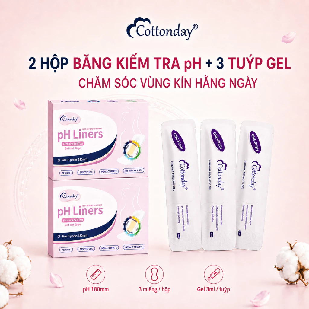 【Combo 2 Hộp + 3 Tuýp】Cottonday pH Liners 3 Miếng Tự Test pH + Gel Vệ Sinh Phụ Nữ 3ml
