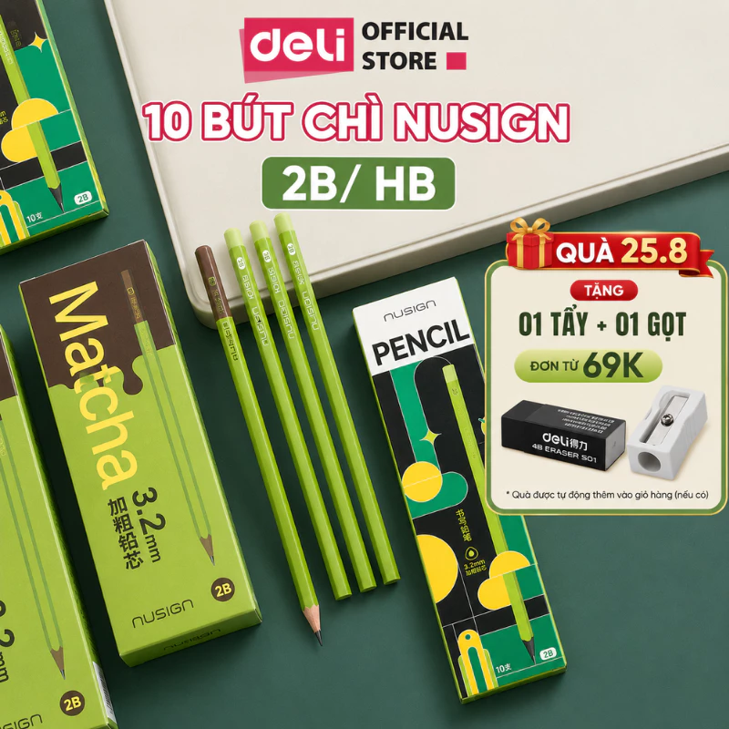 [MUA 3 GIẢM 30%] Set 10 Bút Chì Lục Giác Matcha Socola 2B HB Deli - Dễ Gọt Bút Chì Thi Trắc Nghiệm Ruột Đậm Bút Chì