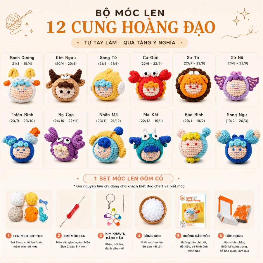 Bộ Móc Len LYLYCRAFT Làm Móc Khóa 12 Cung Hoàng Đạo, Gói Nguyên Liệu Tự Đan Móc Len Handmade