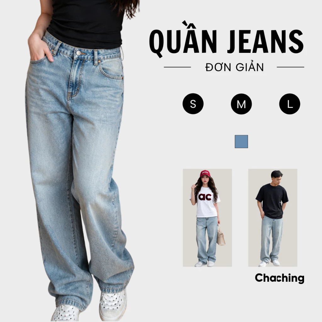 [BEST SELLER] Quần Jeans Ống Rộng Cạp Trễ Unisex ChaChing, Quần Nữ Ống Suông Chất Liệu Denim Cotton Dày Dặn, Đứng Fo